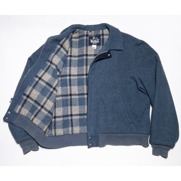 Woolrich Wool Bomber Vintage Jacket Men's Large Blue Collared 80s USA Hunting - Picture 1 of 14